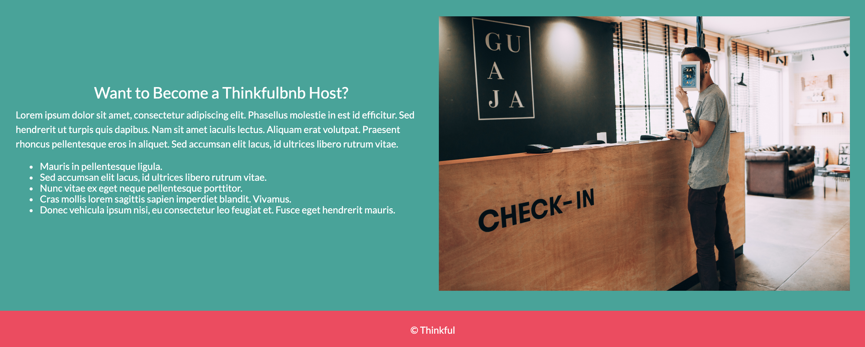 a screenshot of the website including text describing how to become a host and a photo of a man at a check-in desk