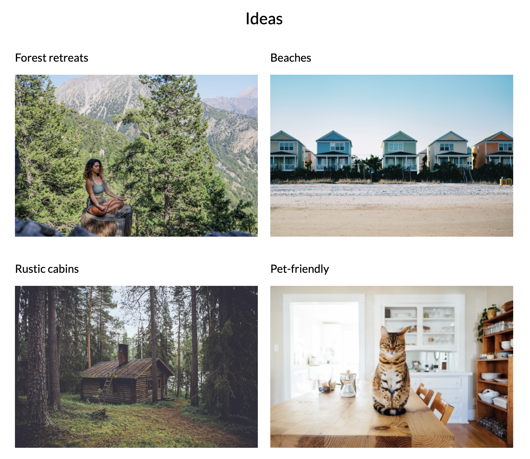 a photo of a girl sitting on a mountaintop, beach houses, a cabin in the woods, and a cat on a table