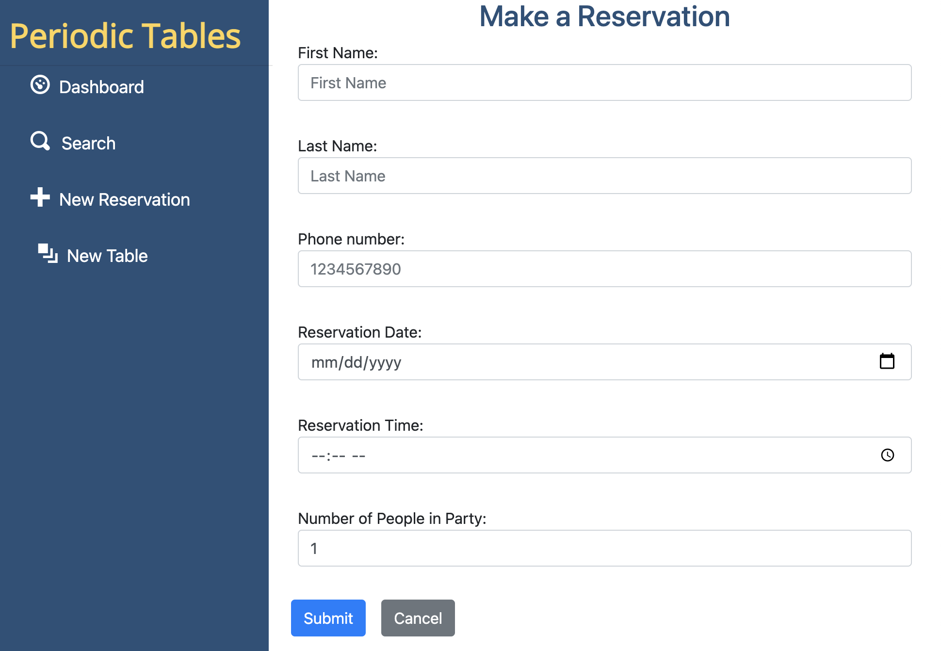 a screenshot of the site page in which a user can fill out a form to make a reservation